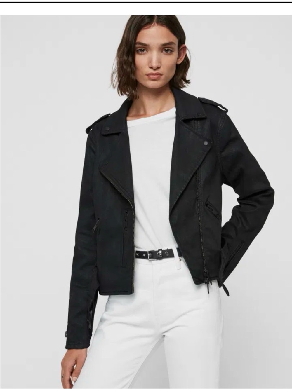 All Saints Black Women’s Moto Jacket - coated denim